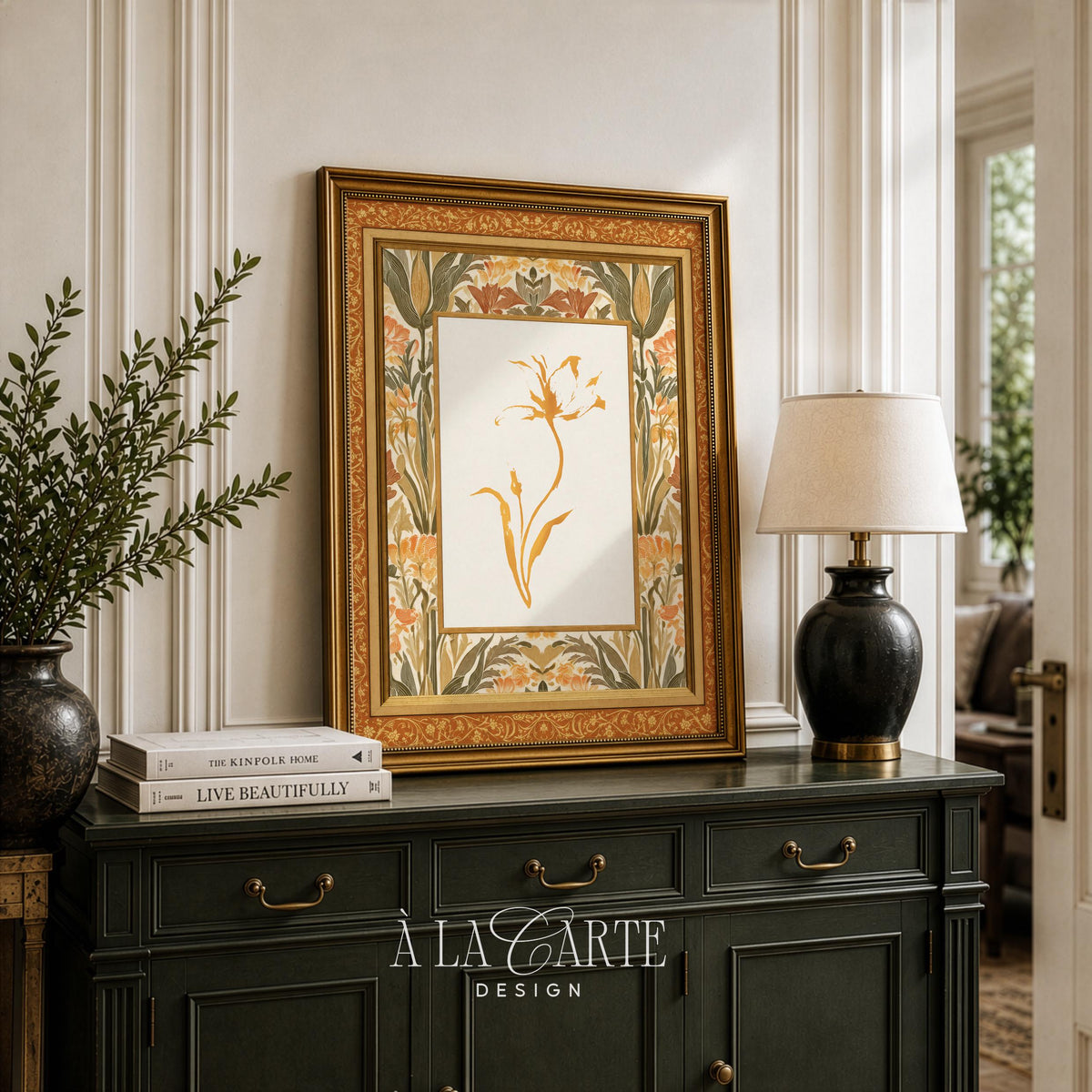 French country tapestry art featuring minimalist botanical silhouette and vintage patterned border frame