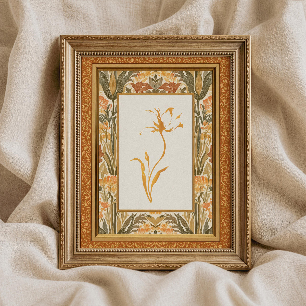 Heritage textile botanical artwork for gallery wall — cream botanical print with warm amber floral pattern frame