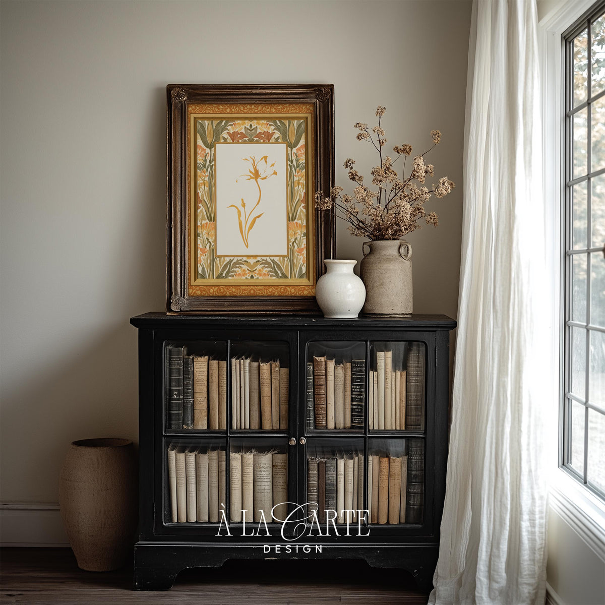 Minimalist stem digital print tapestry art — cottagecore-inspired with ornamental vintage botanical border design
