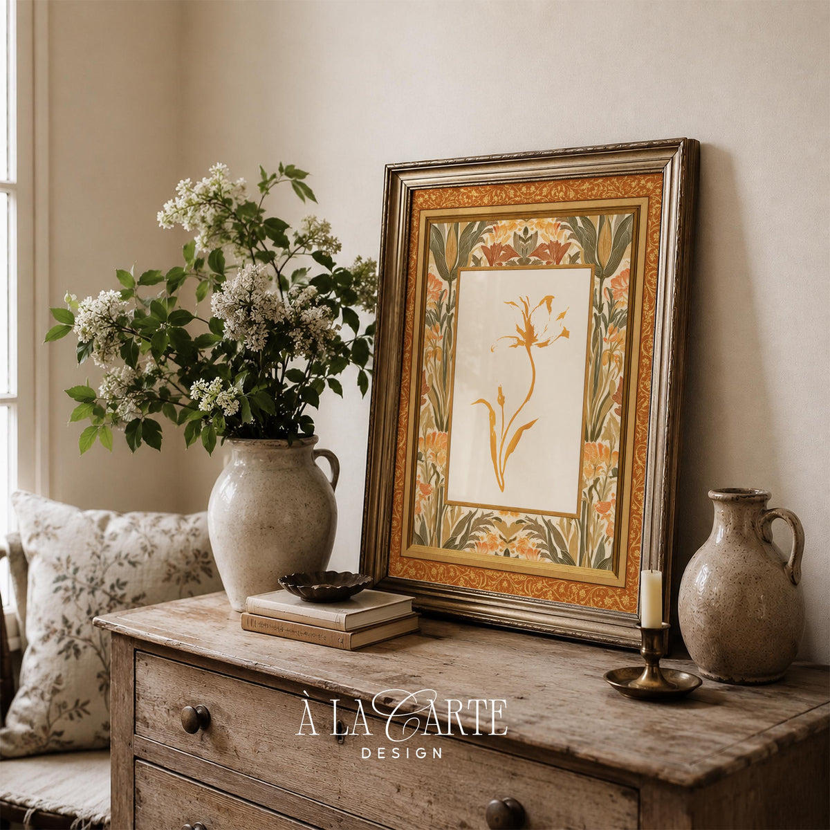 Vintage botanical tapestry artwork — elegant golden bloom surrounded by sage green and terracotta floral motifs