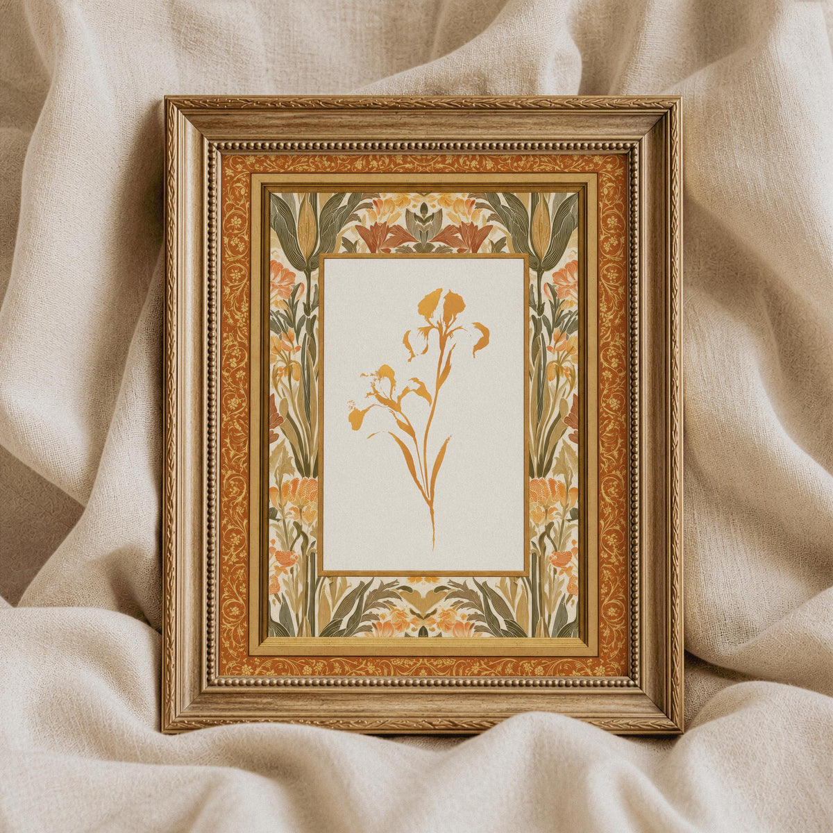 Floral pattern art instant download — cream botanical illustration styled as antique textile with elegant decorative frame
