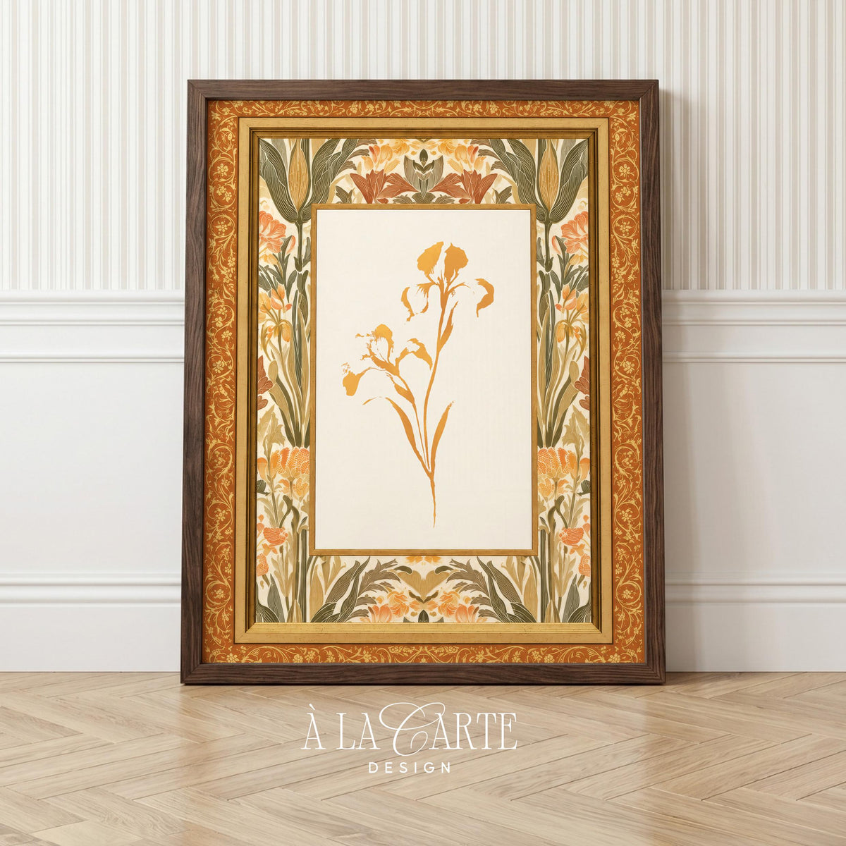 Orange lily stem printable art for bedroom — vintage botanical illustration with ornate amber and sage border