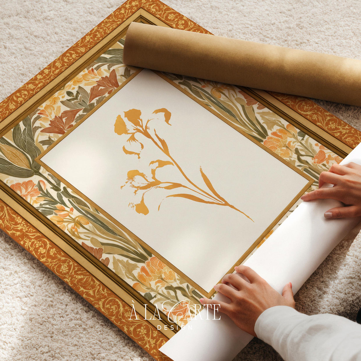 Antique tapestry wall print for hallway — vintage botanical stem with symmetrical golden floral border and cottagecore charm