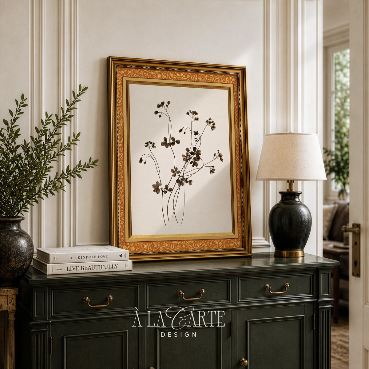 Antique textile flower pattern wall art for nursery — delicate botanical sprigs with wandering stems in quiet muted tones