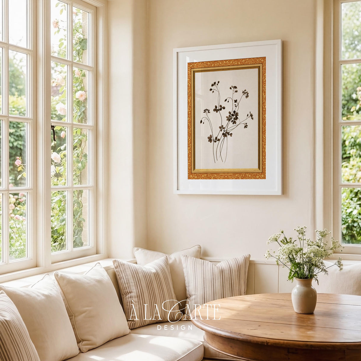 Vintage pressed-flower herbarium poster — cottage botanical artwork featuring tiny florals and graceful stem arrangements