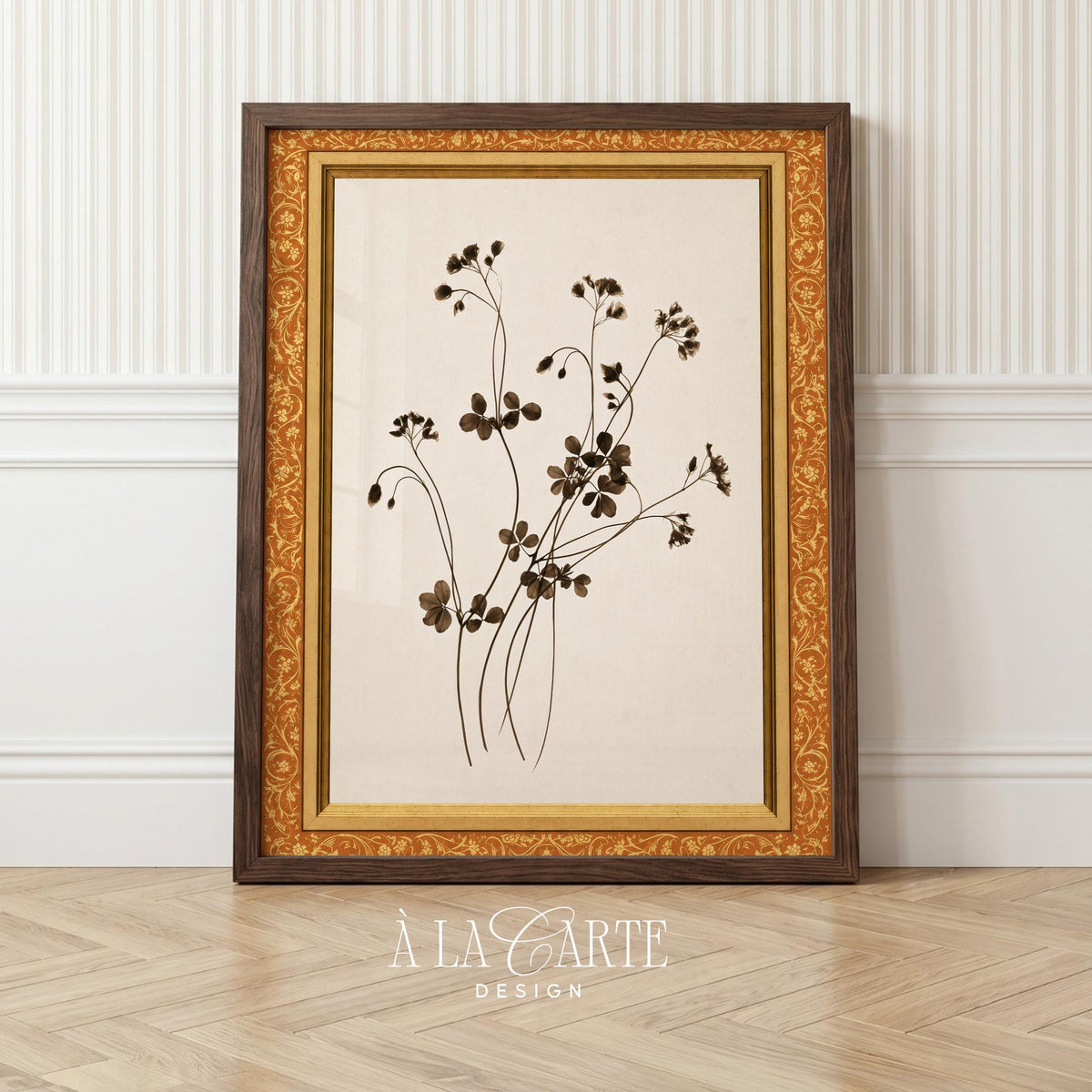 Grandmillennial floral tapestry printable art — antique line-drawn herbs with scientific herbarium aesthetic and soft sepia ink