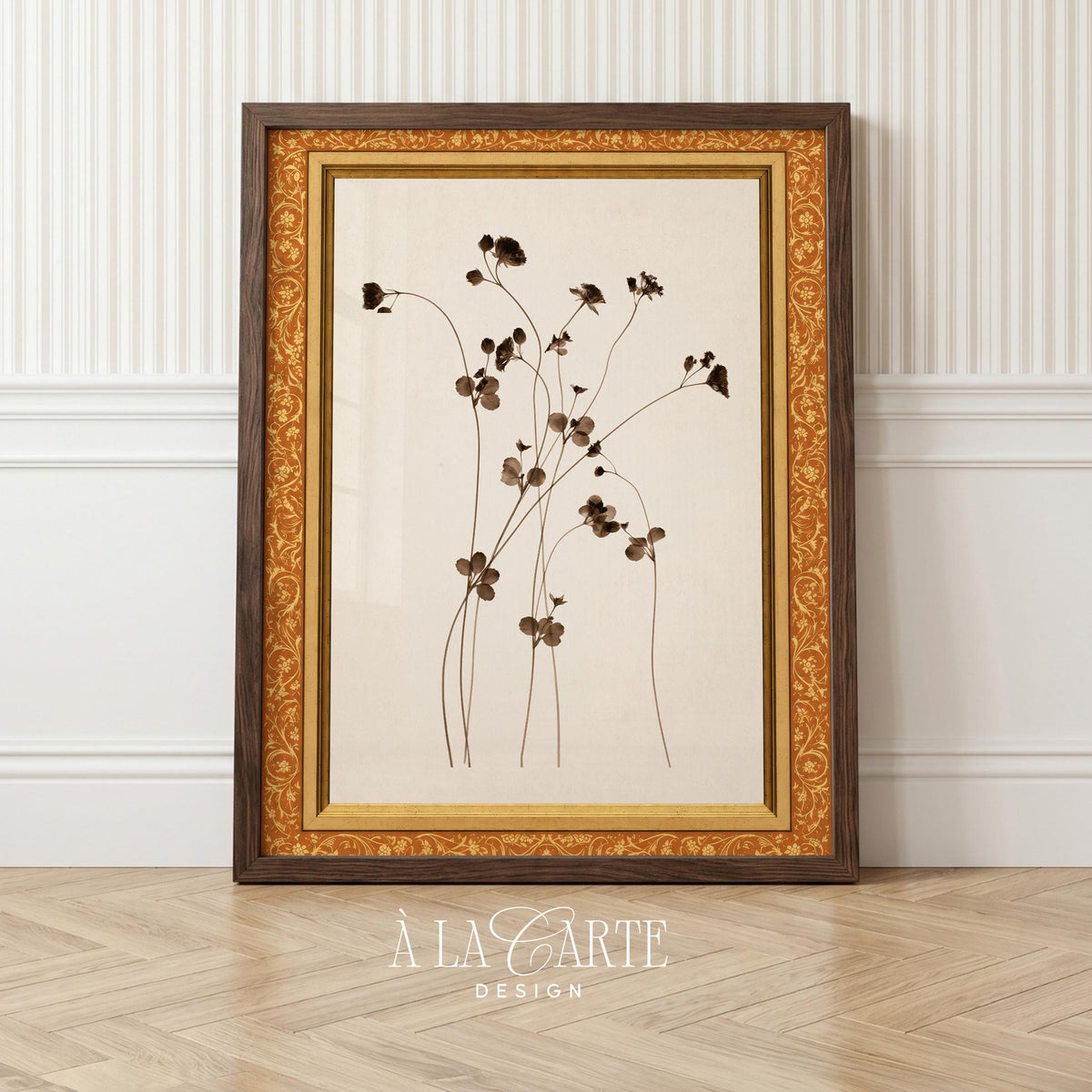 Fine botanical line drawing picture for entryway — delicate stems and blossoms in timeworn sepia and amber hues