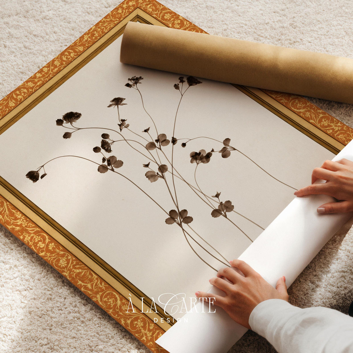 Botanical specimen digital print for living room — cottagecore-inspired fine linework with soft heritage textile appeal