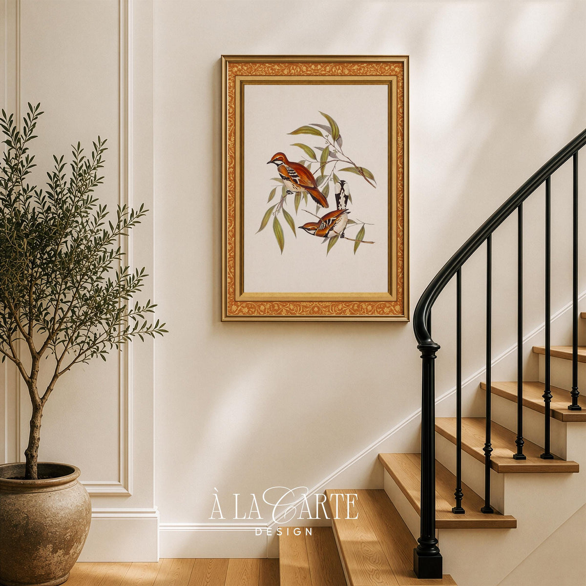 Antique-style bird and foliage poster for dining room — creamy background with detailed botanical framing