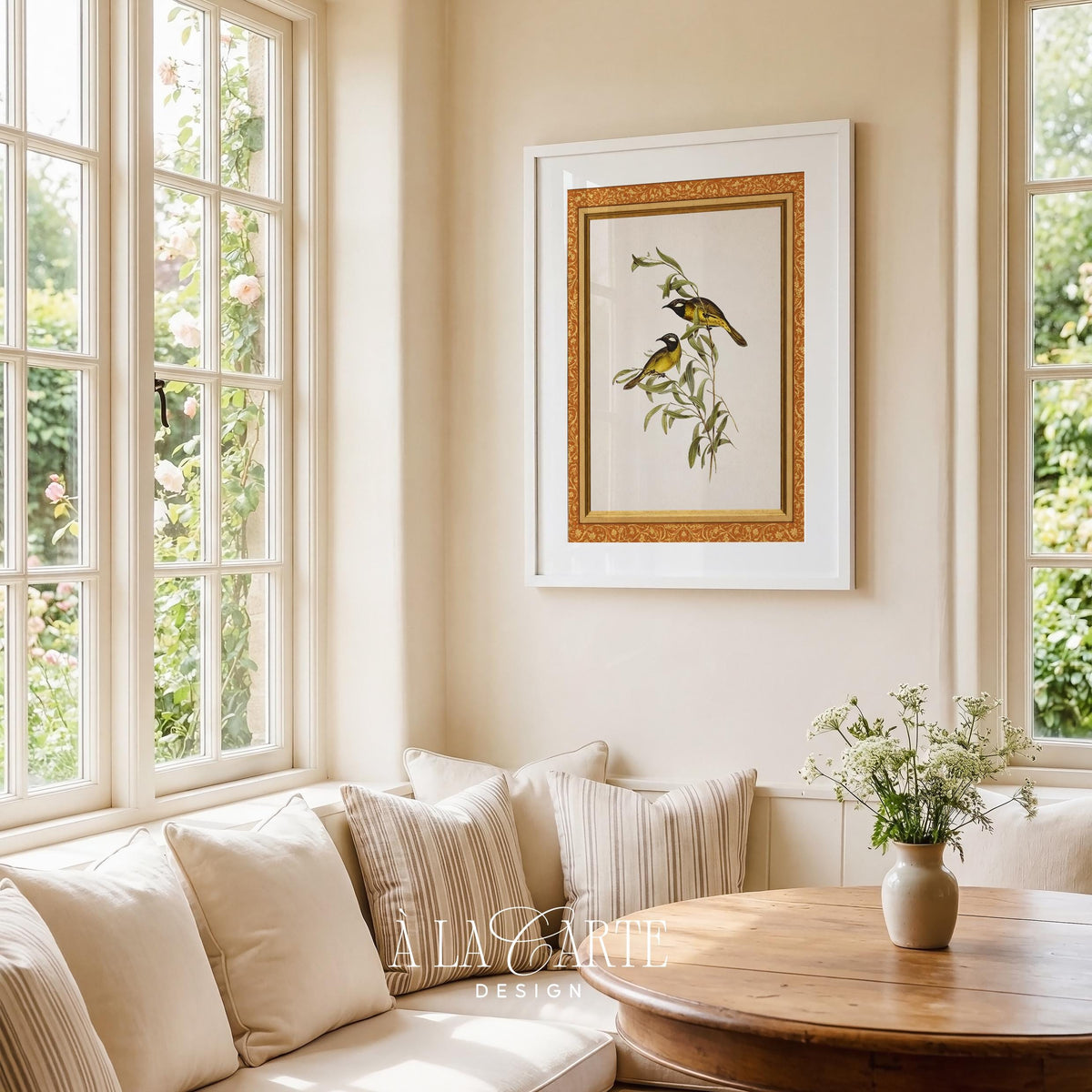 French country botanical bird printable art for cottage kitchen — aged cream background with naturalist styling