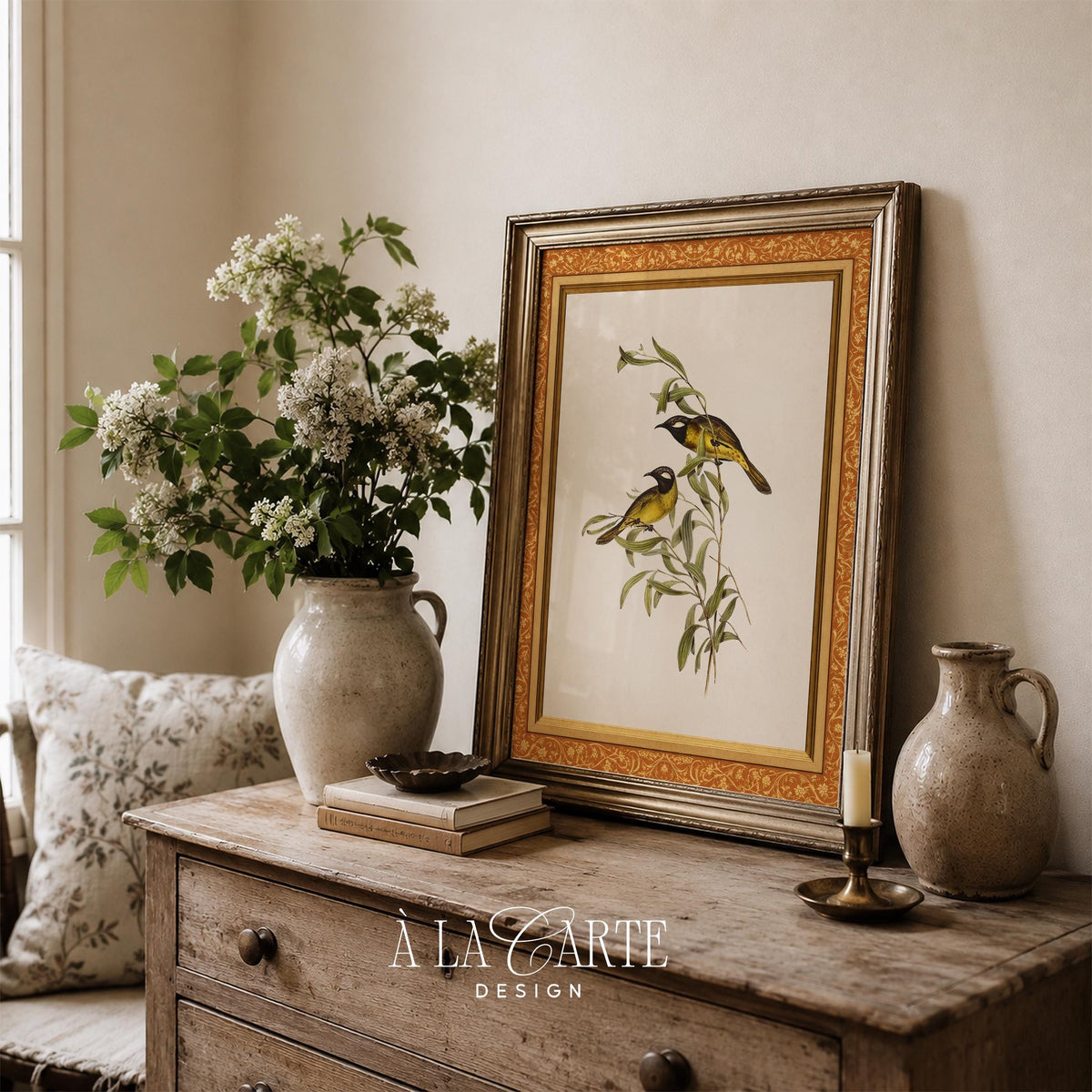 Leafy branch artwork with songbirds instant download — old-world scientific illustration charm