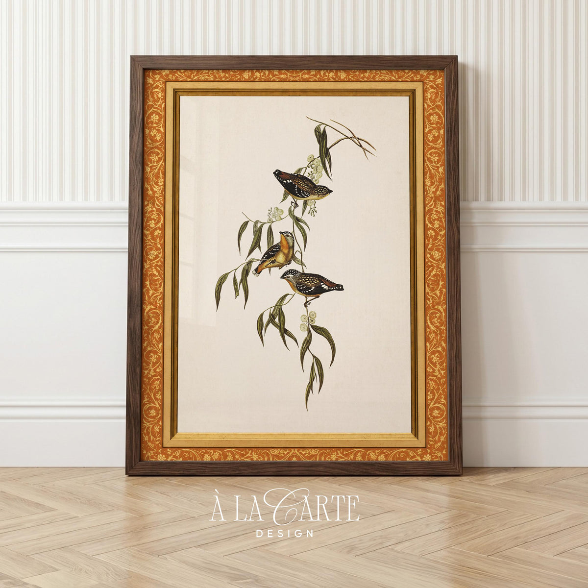Birds perched on leafy branch digital print — cottagecore wall art with delicate white blossoms and antique charm