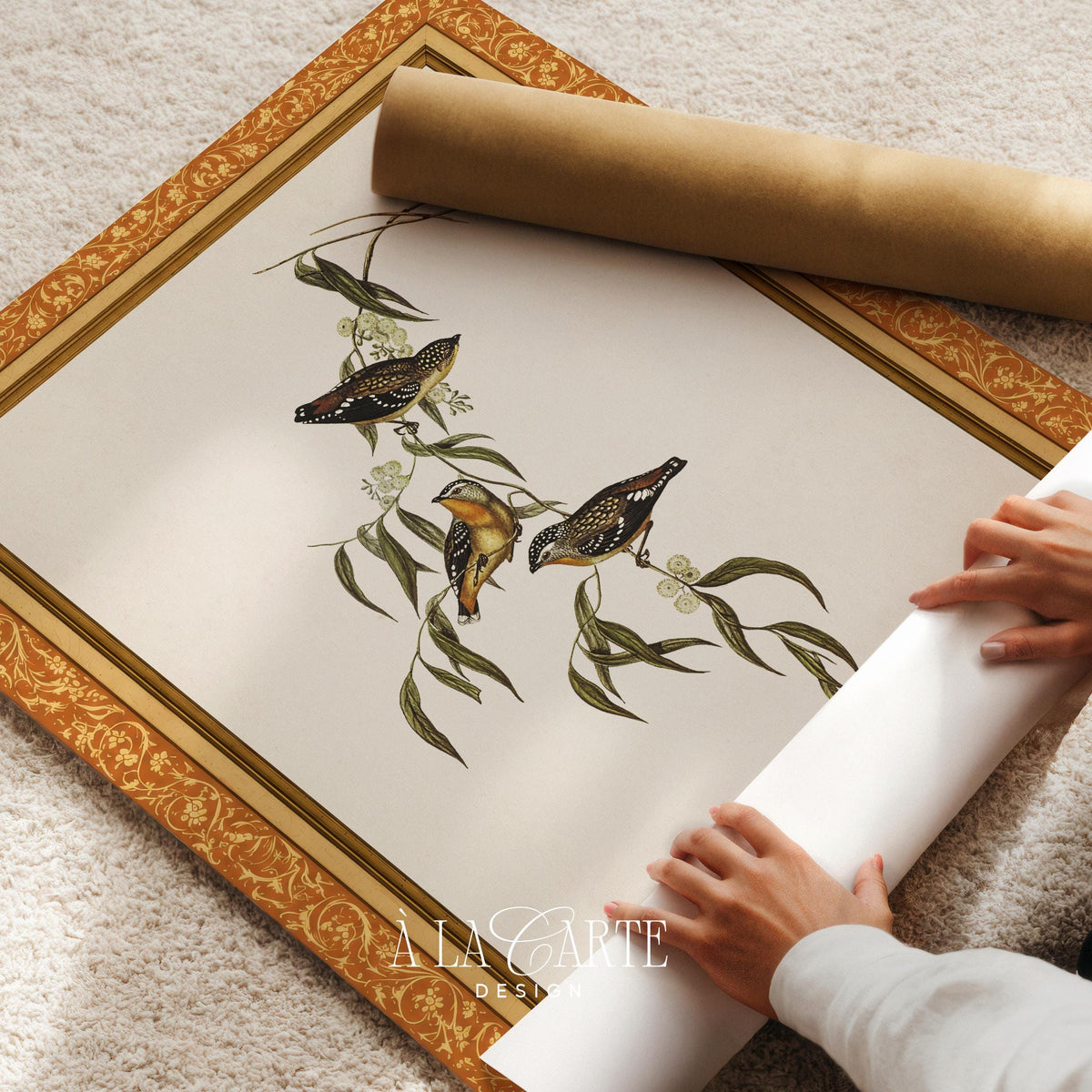 Leafy flowering twig with perched birds printable wall art — grandmillennial aesthetic inspired by antique nature studies