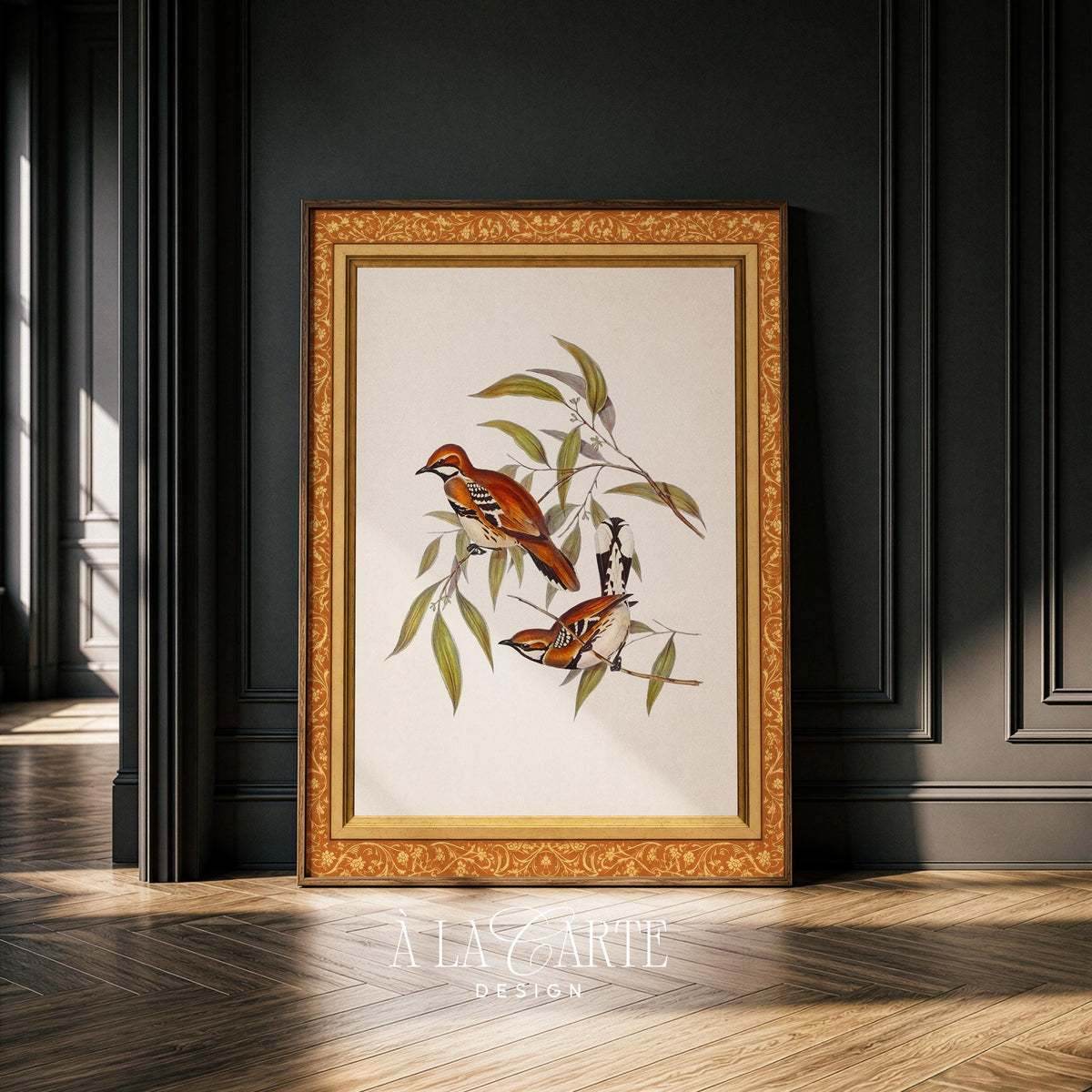 Vintage Botanical Bird Print | Antique Amber Frame Printable | Cottagecore Floral Wall Art V381