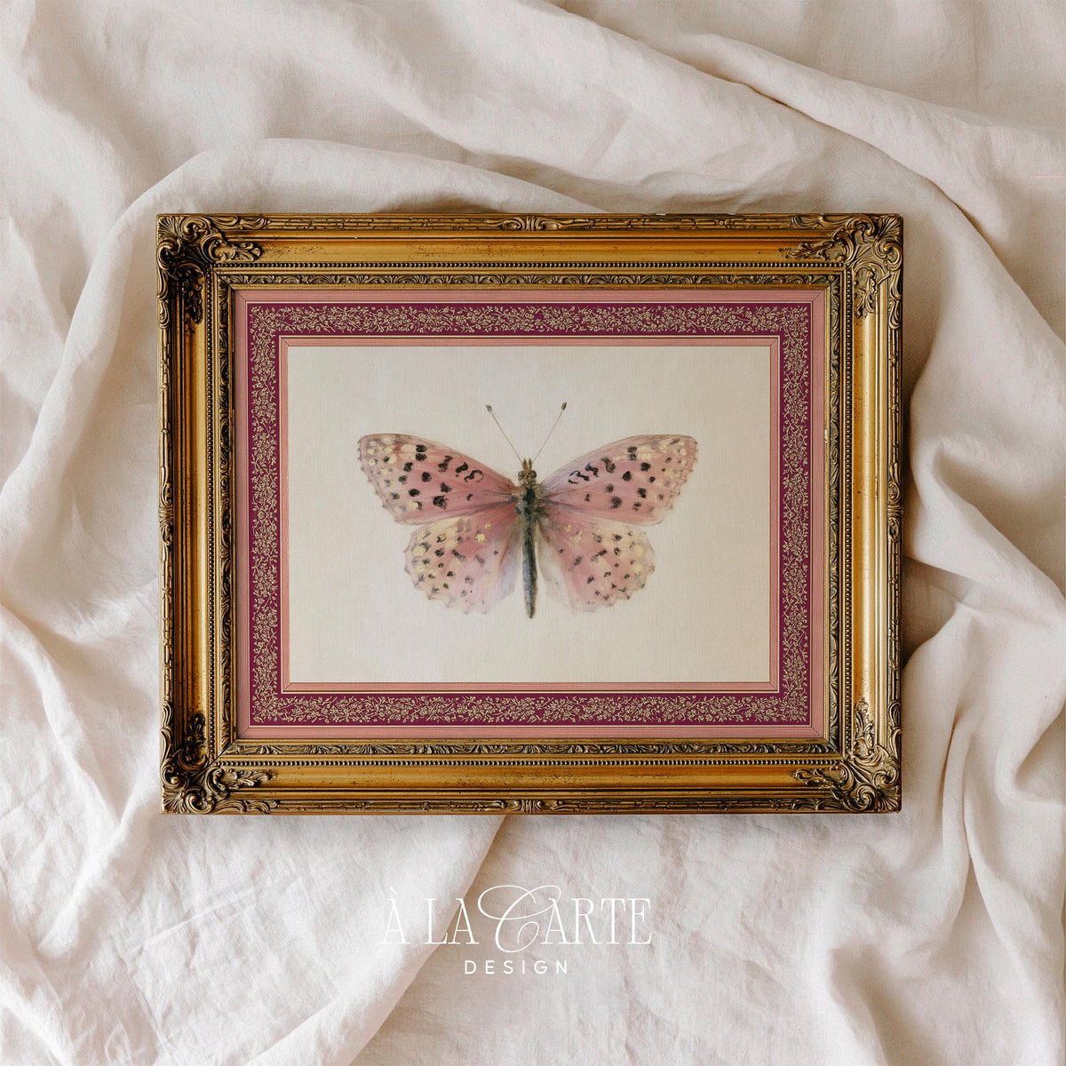 Pink spotted moth wall art printable — vintage naturalist illustration with ornate gold and burgundy border