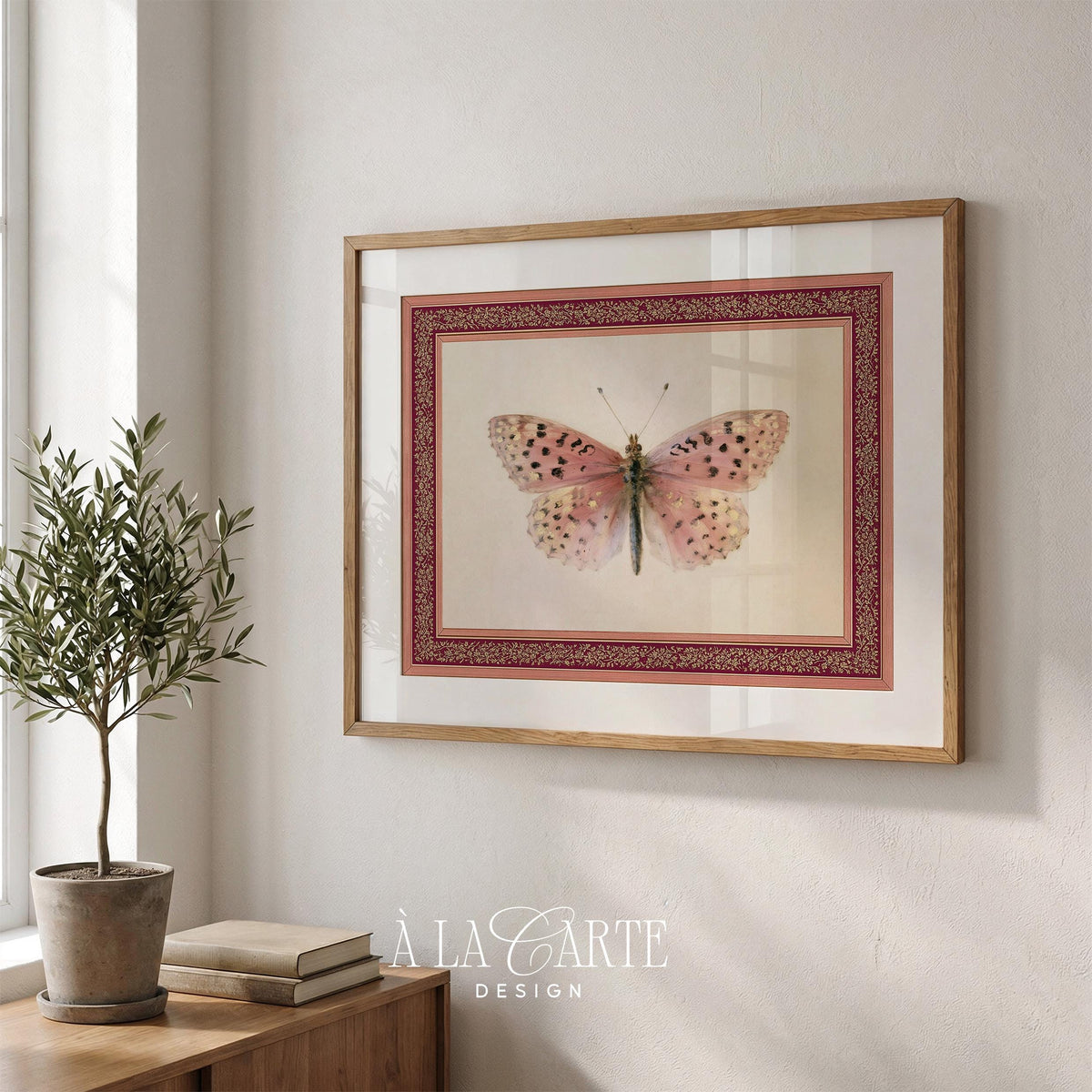 Feminine insect illustration printable art for gallery wall — pale pink watercolor specimen with vintage heritage styling