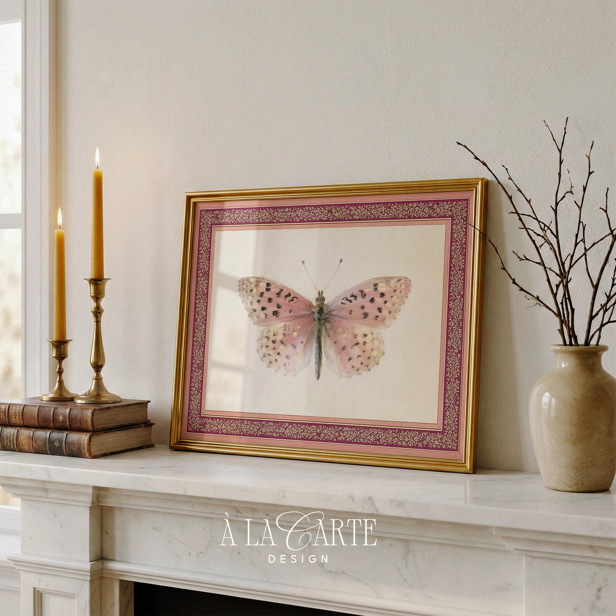 Delicate butterfly artwork digital print for bedroom — soft blush tones with antique scientific aesthetic
