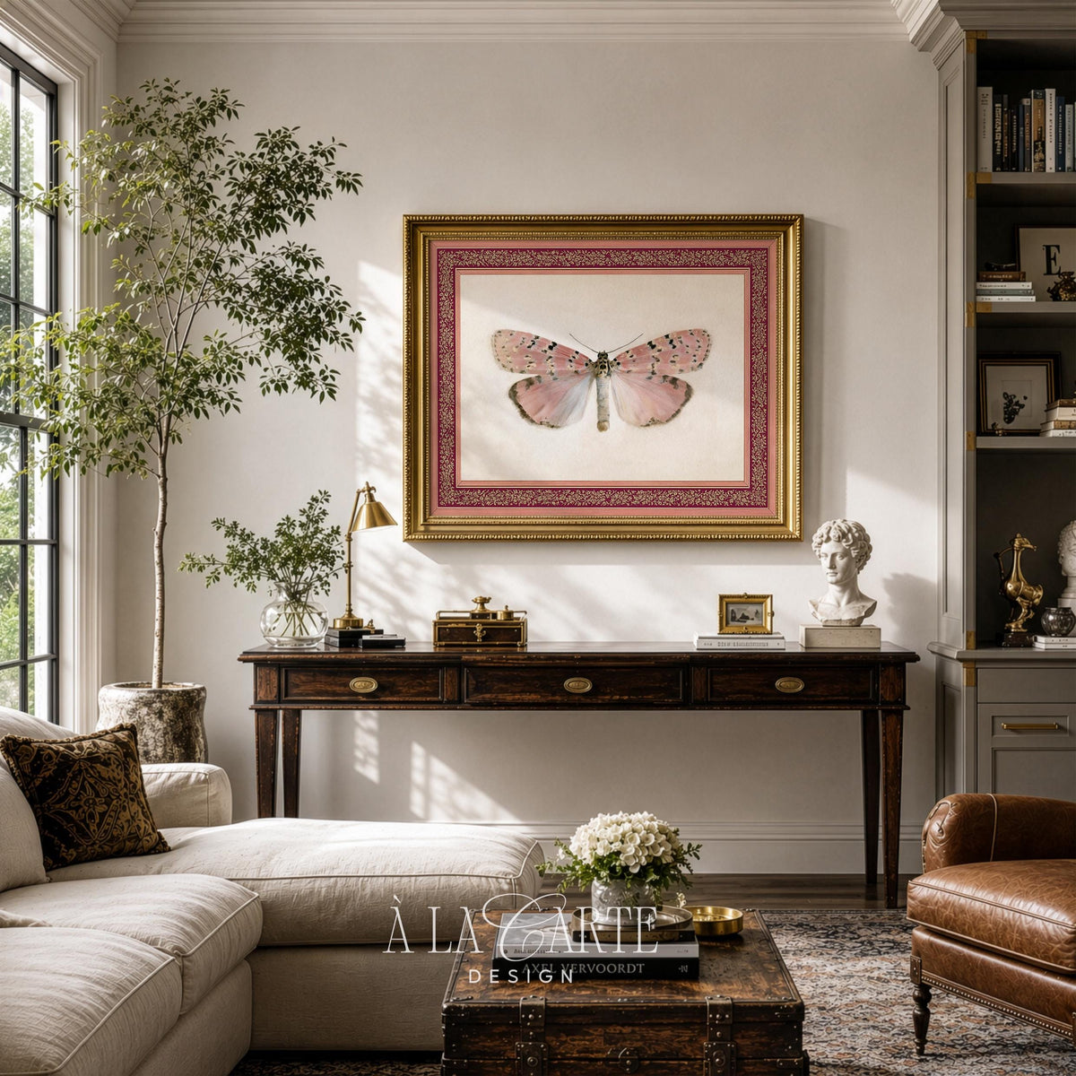 Vintage insect artwork for gallery wall — soft-rendered lepidopteran study with rustic burgundy and gold embellishments, grandmillennial aesthetic