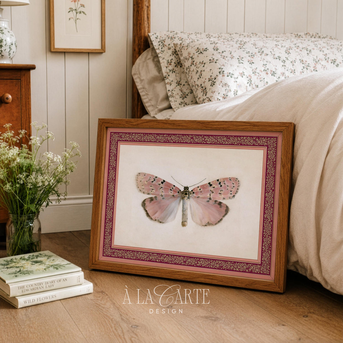 Antique moth painting printable decor for bedroom — delicate specimen with slender antennae and intricate wing patterns in french country style