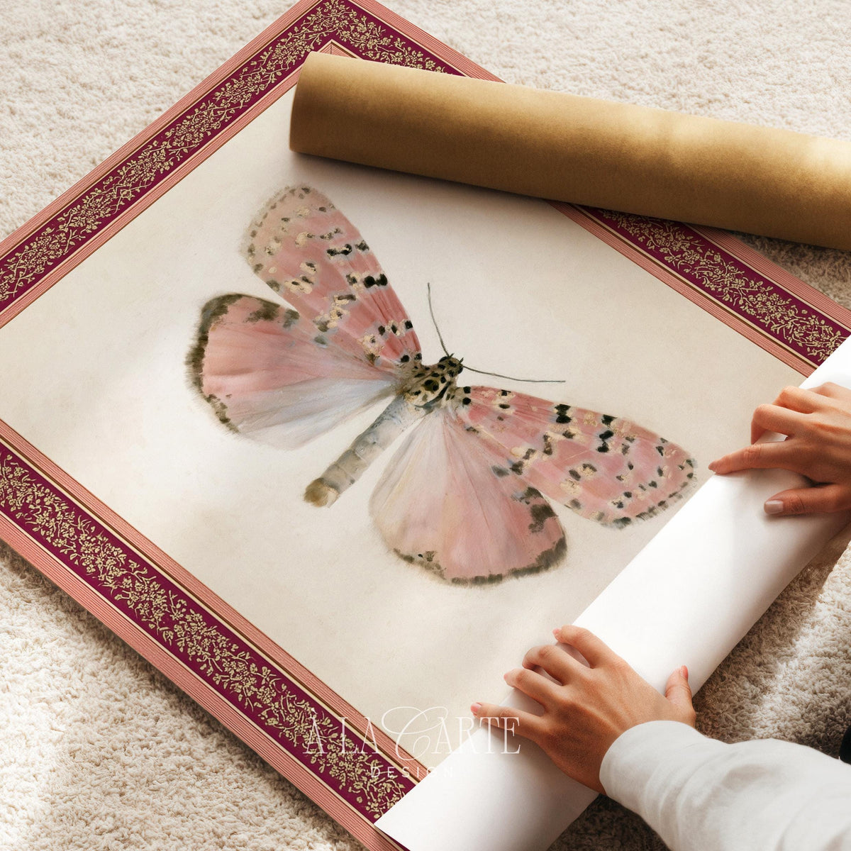 Romantic butterfly-adjacent wall picture with ornate vintage frame — naturalist rendering in muted watercolor tones and cottagecore charm
