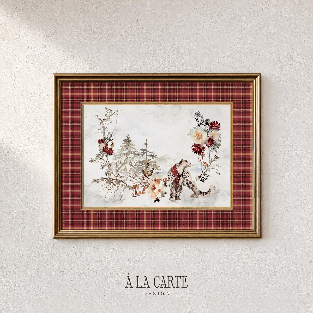 Wild cat among pine trees digital print for living room — soft botanical artwork featuring blush blooms and festive tartan border