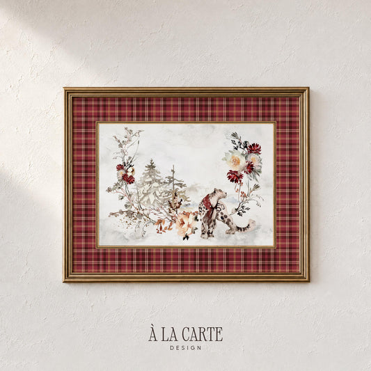 Wild cat among pine trees digital print for living room — soft botanical artwork featuring blush blooms and festive tartan border