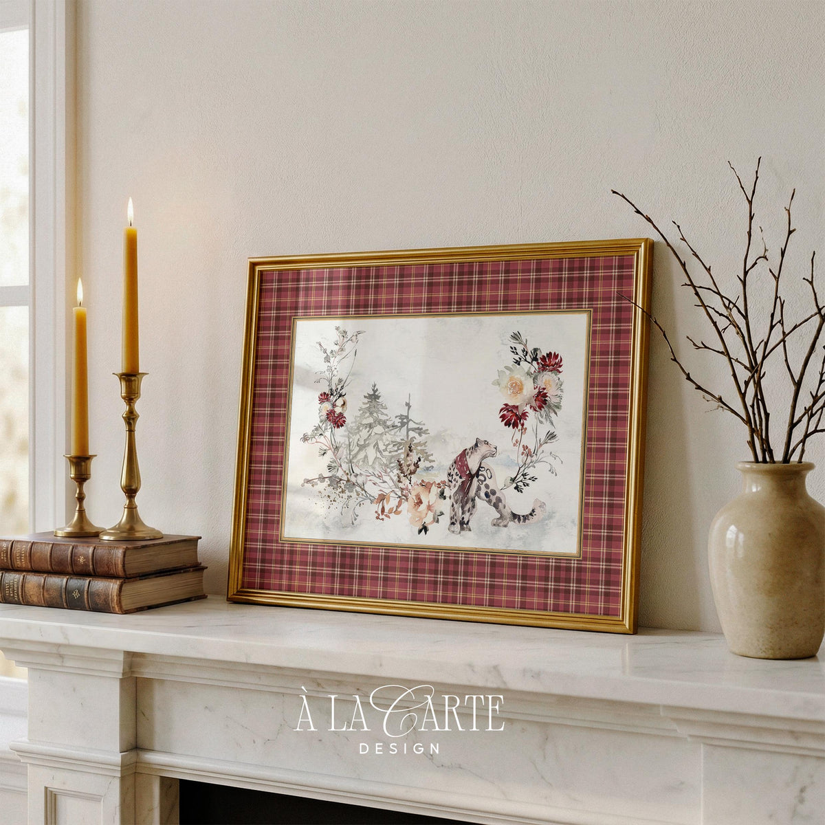 Spotted feline in seasonal woodland picture for entryway — grandmillennial-inspired botanical art with cozy burgundy plaid frame