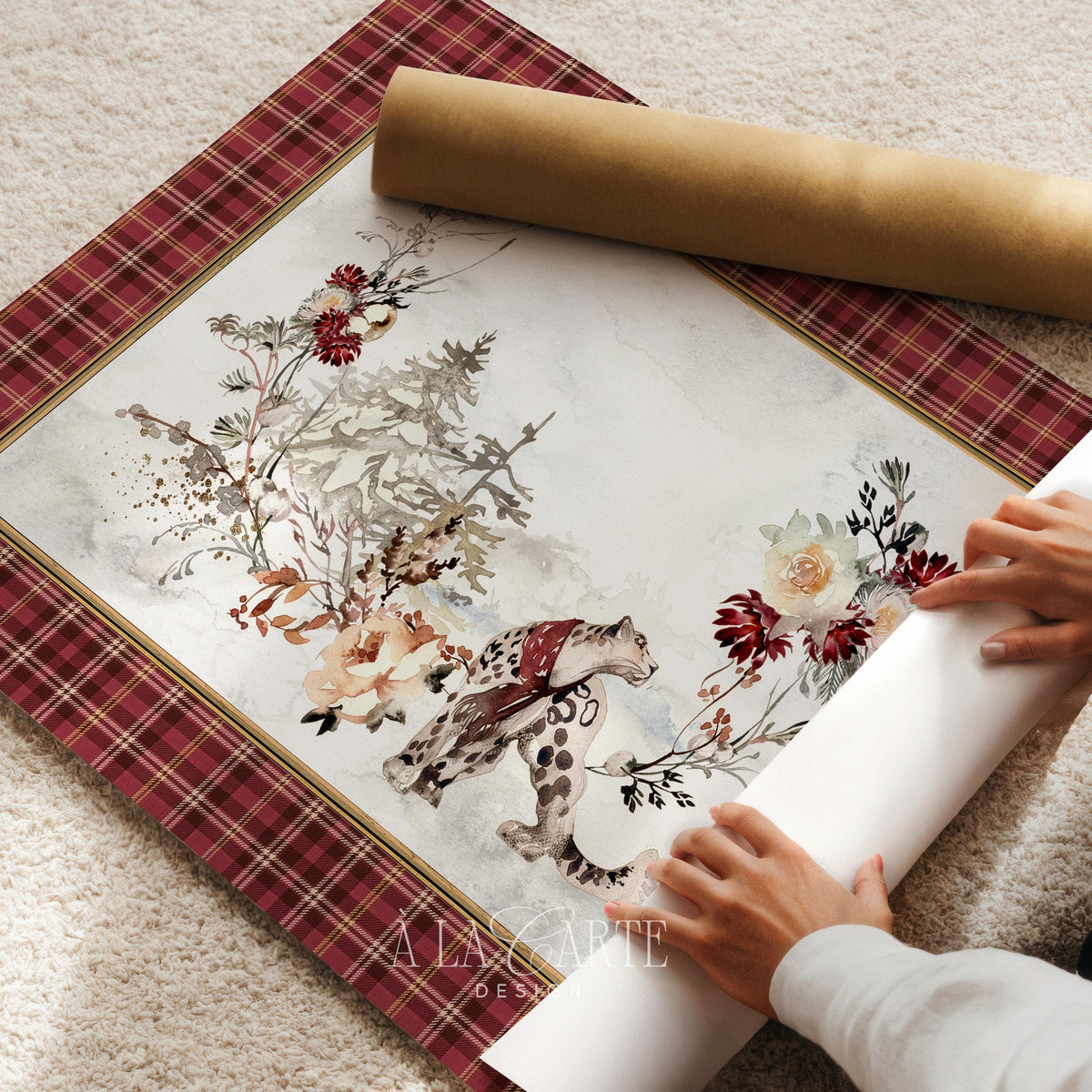 Feline in snowy woodland poster for nursery — delicate watercolor painting with muted holiday aesthetic and plaid framing