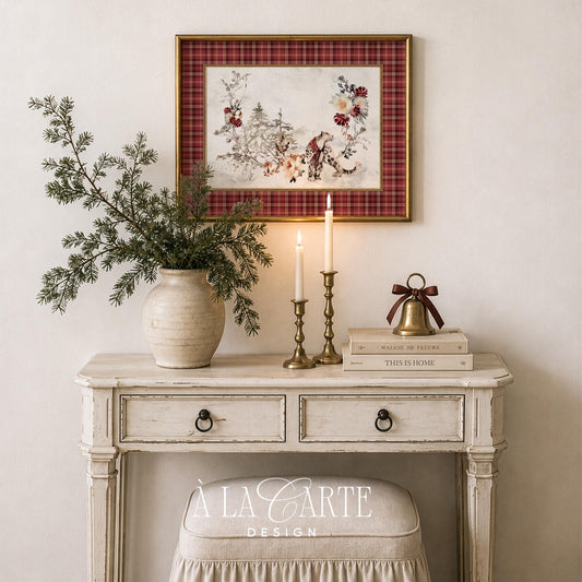 Big cat in holiday florals painting for farmhouse décor — watercolor illustration with French country elegance and tartan design