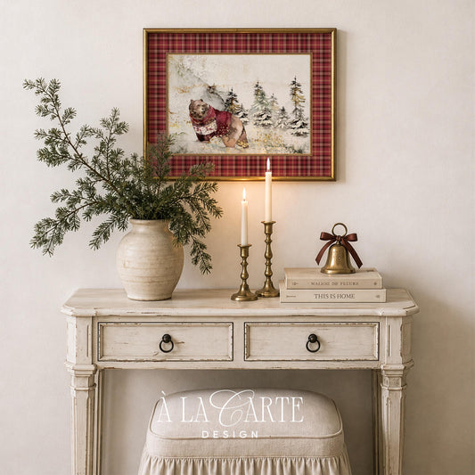 Cute bear wall art for bedroom with snowy evergreens and burgundy scarf — grandmillennial style