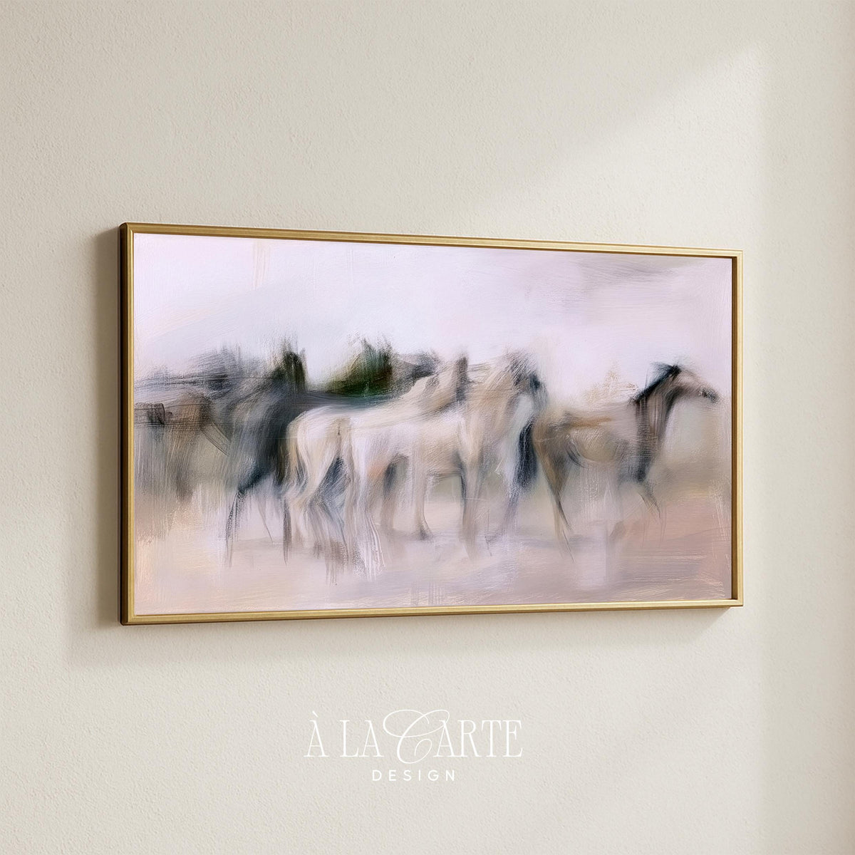 Horses galloping TV art download — moody, atmospheric Frame TV piece with gestural movement strokes and sophisticated neutral color tones