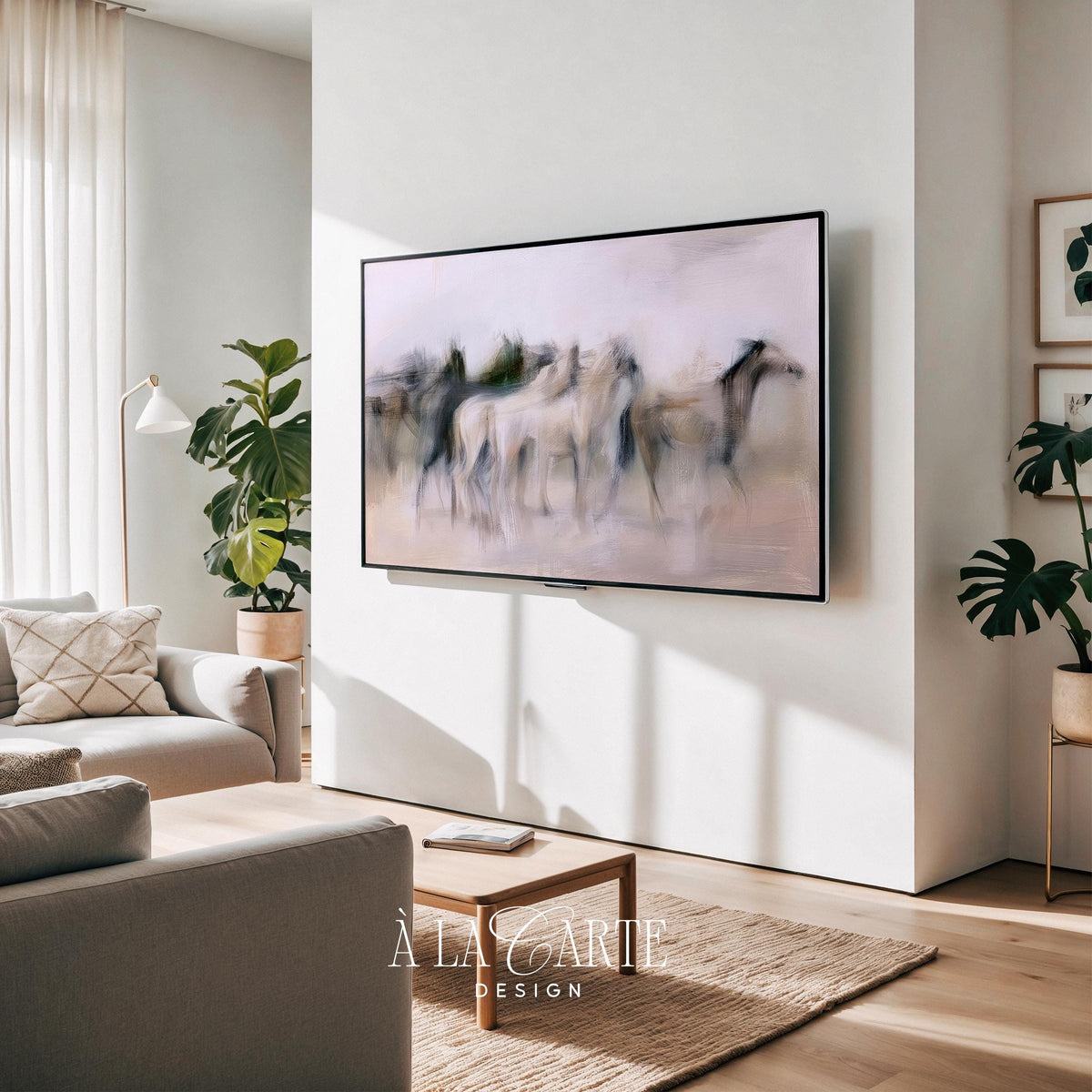 Equestrian herd digital art for TV — impressionistic running horses screensaver with dreamy, brushstroke texture and neutral palette