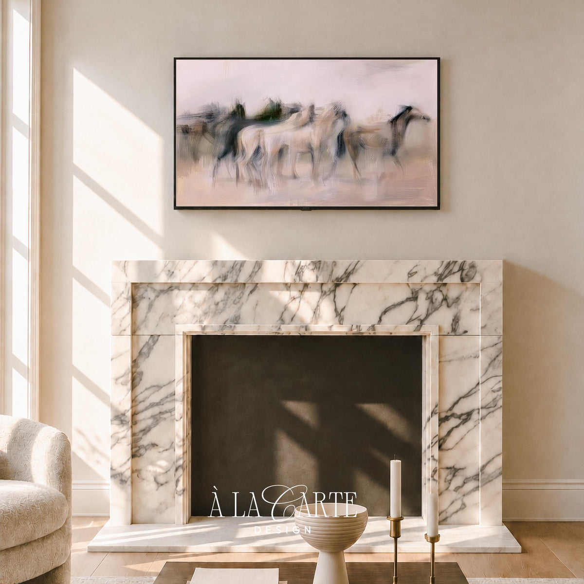 Windswept horse herd Samsung art for TV — contemporary Frame TV screensaver featuring blurred motion, charcoal definition, and dreamy farmhouse-modern aesthetic