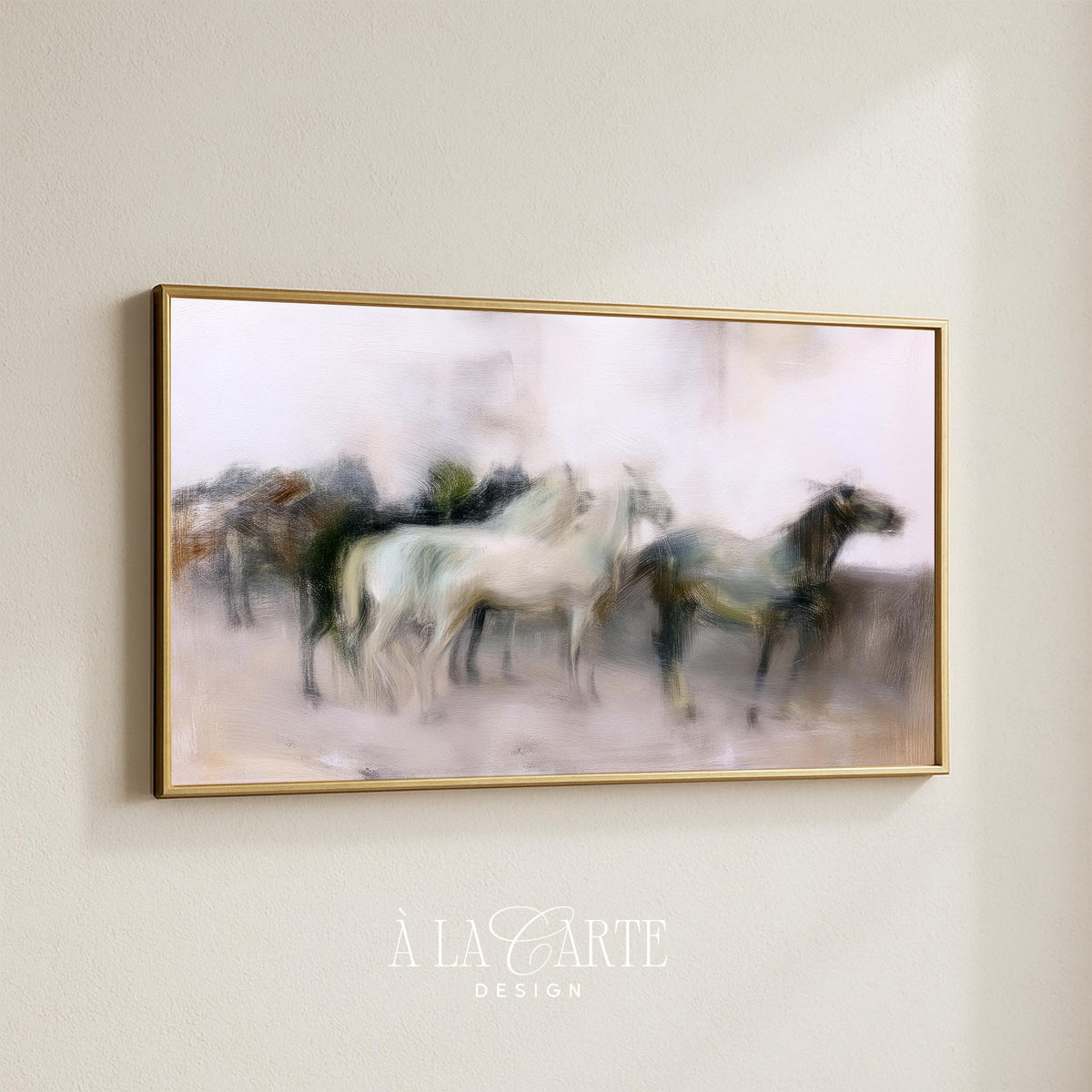 Running stallions Samsung Frame TV art for den — soft blended brushwork TV screensaver in neutral rustic colors