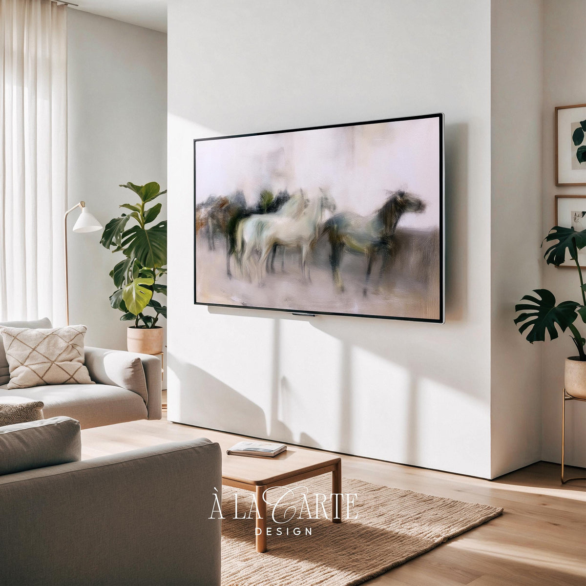 Galloping horses TV art for living room — Frame TV art download with soft abstract motion and muted green tones