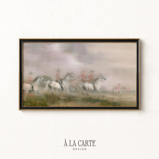 Antique equestrian scene with galloping steeds Frame TV art — vintage TV screensaver art with soft atmospheric rendering and warm earth-tone palette