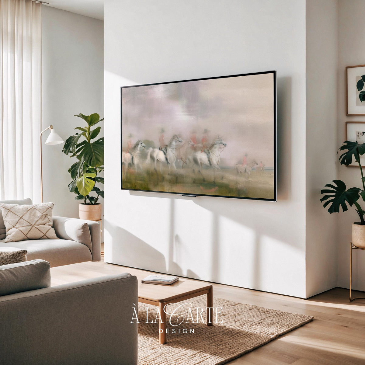 Vintage-style horse and rider scene Frame TV art for study — moody TV screensaver with impressionistic rendering and muted countryside palette