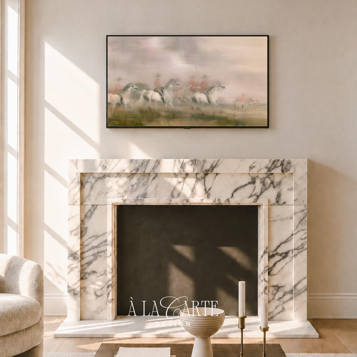 Wild horse herd with trailing riders Samsung Frame TV art — soft painterly TV art for bedroom with dusty greens and warm neutrals