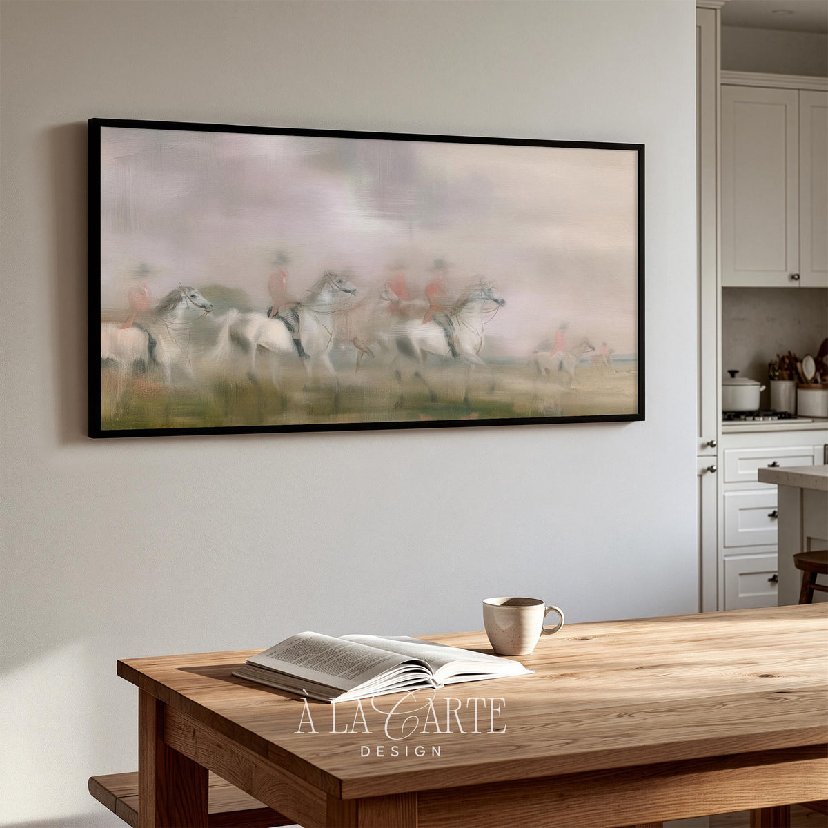 Galloping horses and riders TV art for living room — Frame TV art with moody vintage aesthetic and muted earth tones
