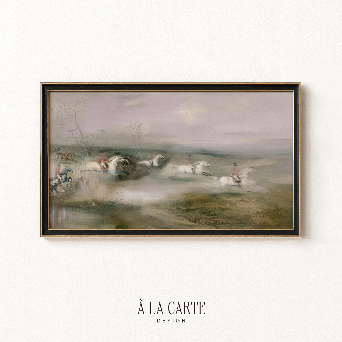 Riding party galloping across landscape digital art for TV — moody farmhouse aesthetic with soft muted tones