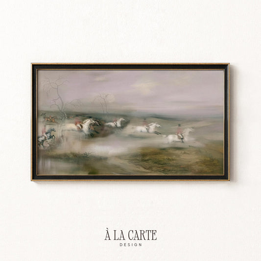 Riding party galloping across landscape digital art for TV — moody farmhouse aesthetic with soft muted tones
