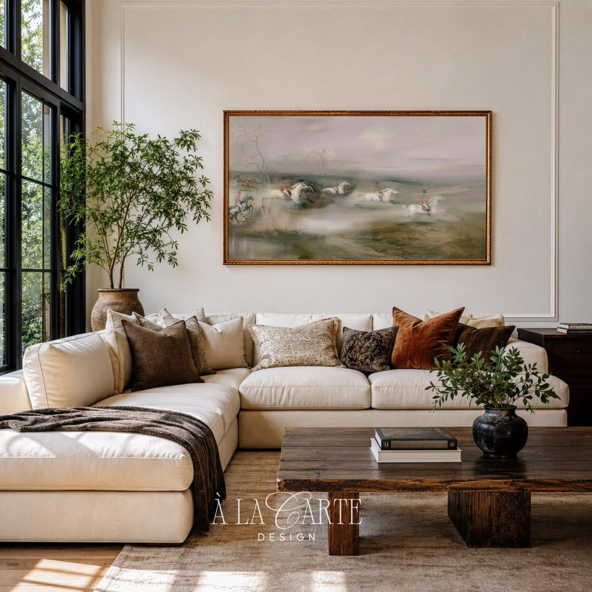 Equestrian party on horseback Samsung Frame TV screensaver for farmhouse — moody vintage hunting scene with dreamy soft focus