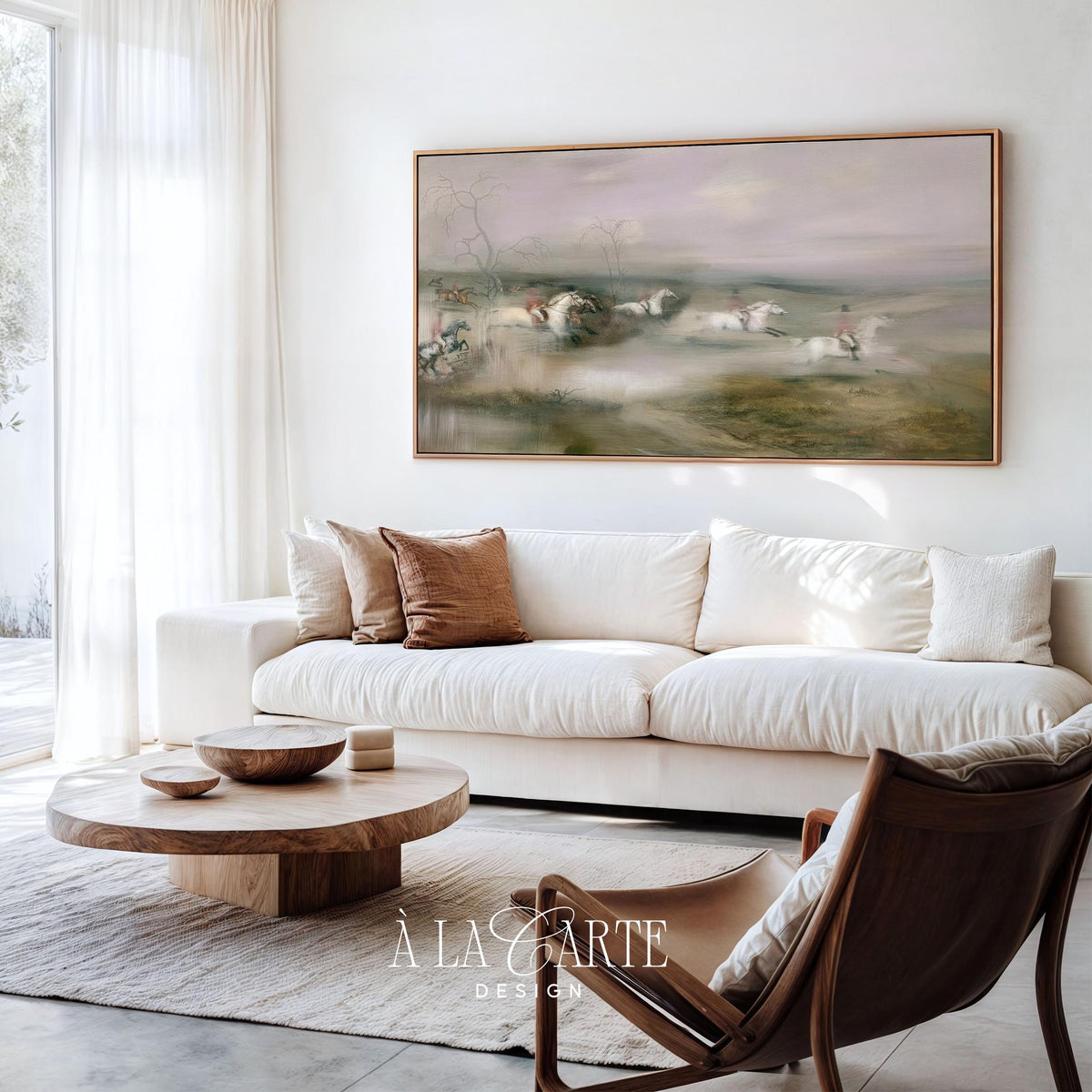 Equestrian hunters on horseback Frame TV art — vintage oil painting with misty fields and atmospheric mood