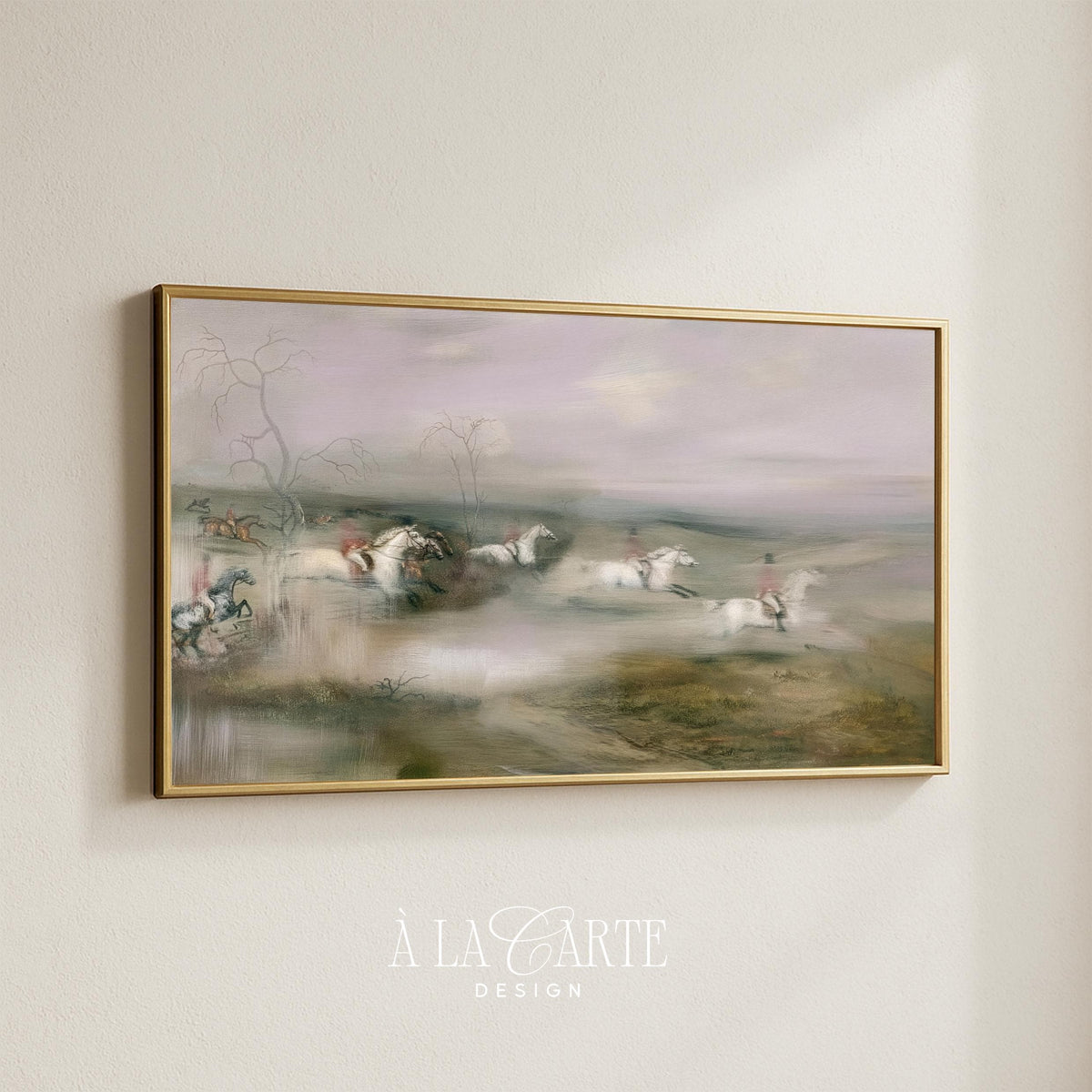 Huntsmen on steeds TV screensaver — timeworn pastoral composition with bare tree silhouettes and earthy palette