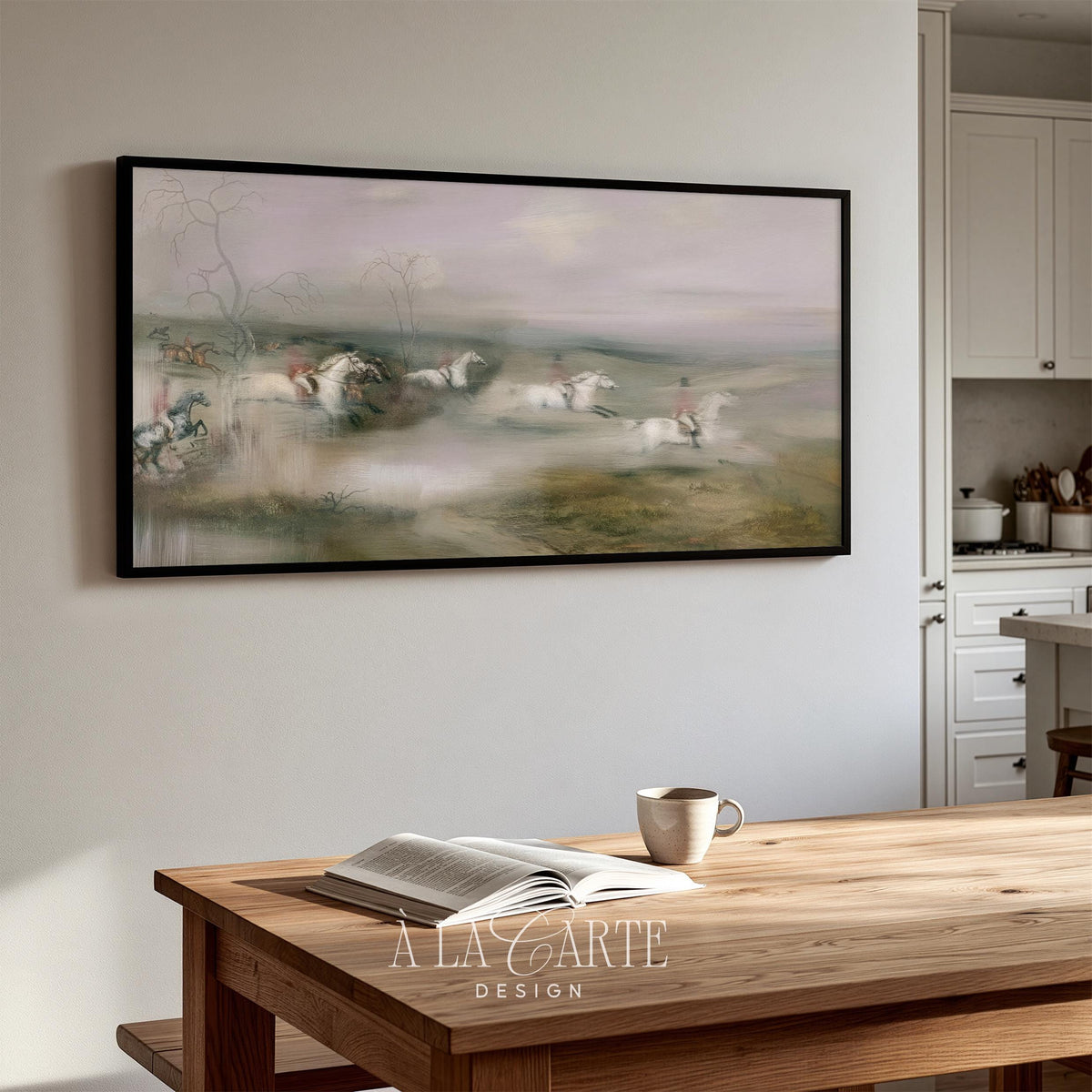 Cavalry-style hunt scene Frame TV art for study — vintage oil texture with faint forest silhouettes and hazy landscape