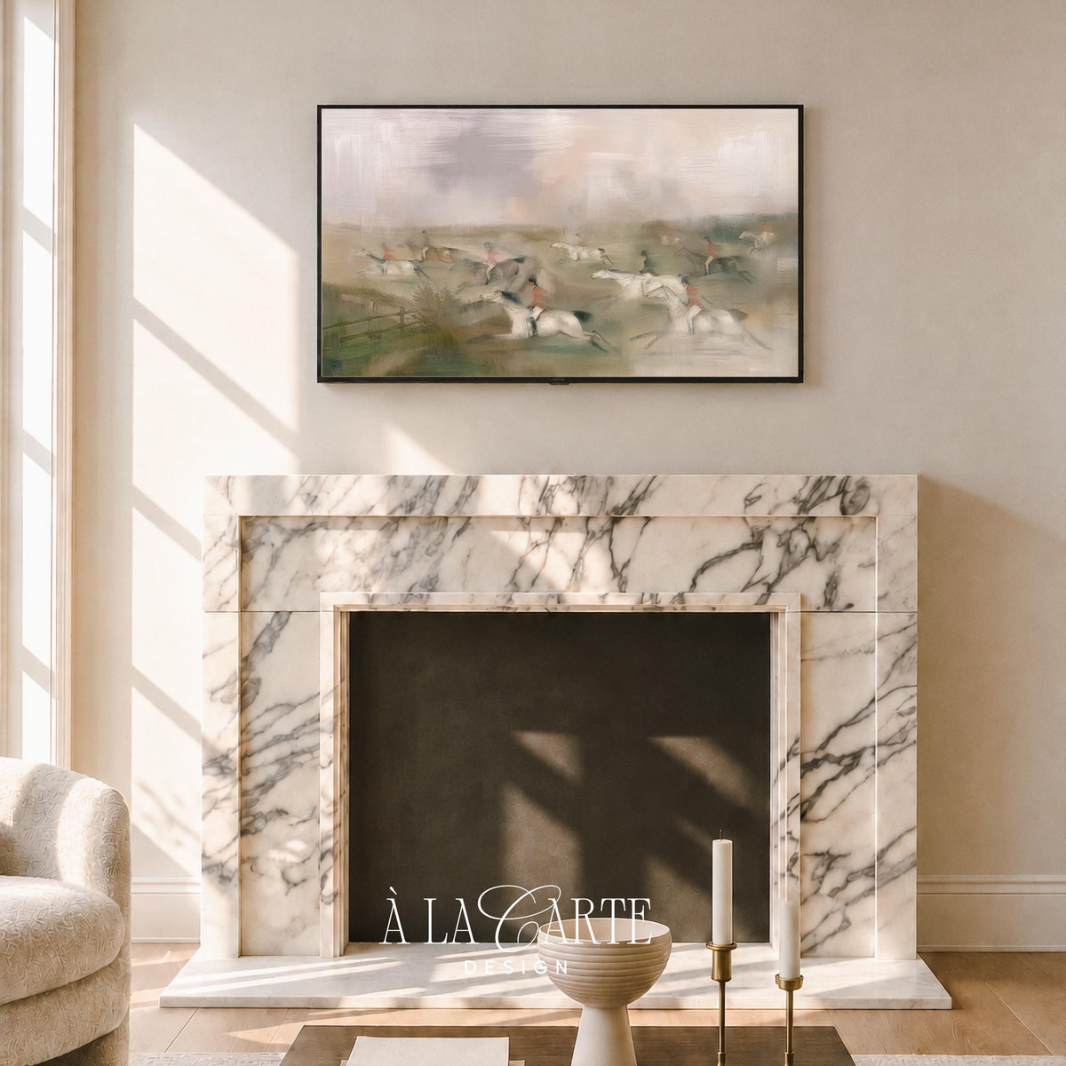 Mounted riders across field Frame TV art for bedroom — soft antique-style equestrian scene with muted earthy color scheme