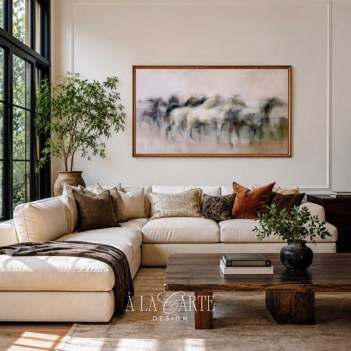 Galloping horses TV art for living room — soft blurred silhouettes Frame TV download with muted neutral tones and dreamy motion