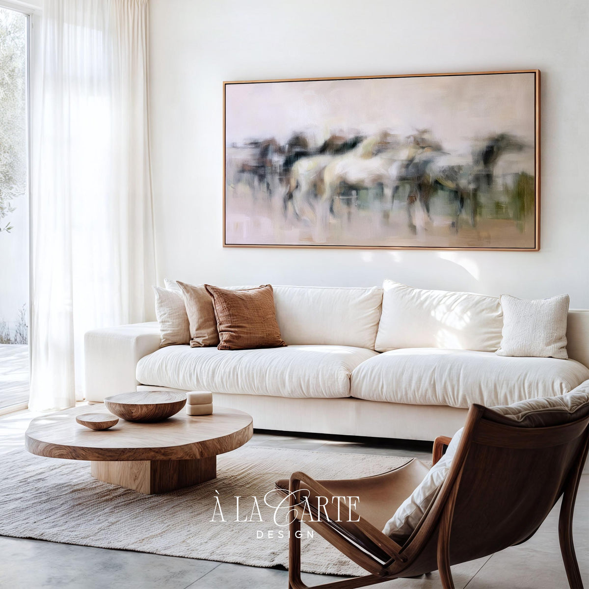 Thundering horses Frame TV art for bedroom — sophisticated muted-tone TV art with hazy open field background
