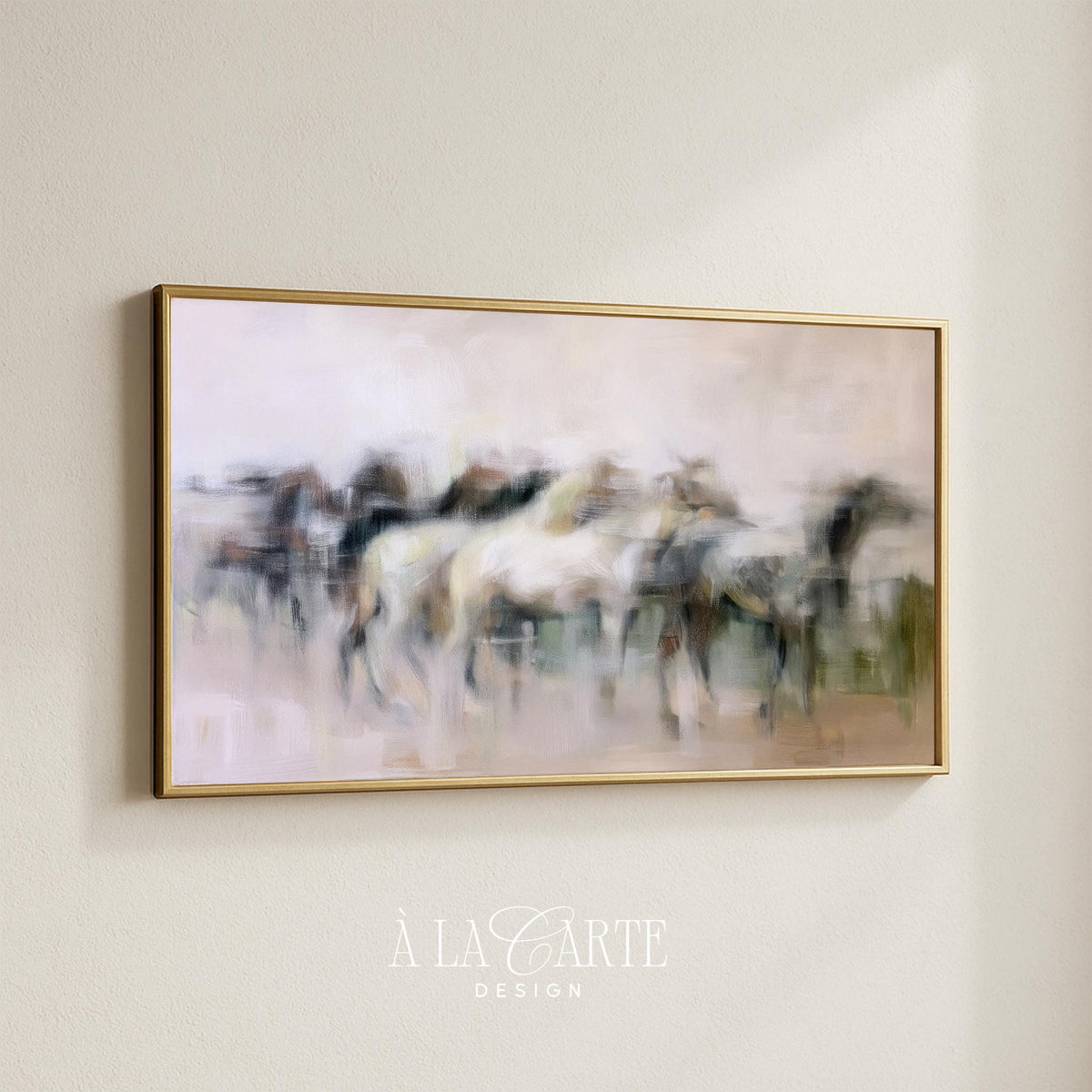Horse motion blur Frame TV art for modern farmhouse — painterly abstract TV display featuring beige, cream, and earthy palette