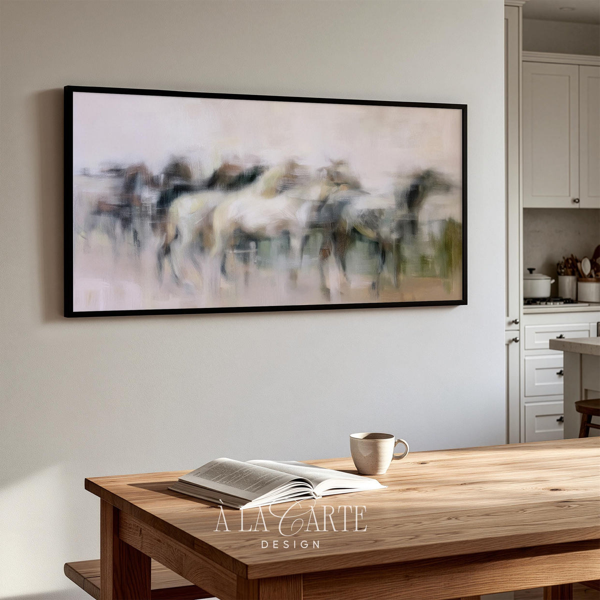 Racing thoroughbreds Frame TV art for den — textured atmospheric TV display with soft charcoal and neutral earth tones
